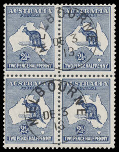 2½d indigo block of 4, CTO with two complete strikes of the 'MELBOURNE/DE3/13' cds, full unmounted o.g., grossly undercatalogued at $300++. [Acquired at a Melbourne auction in 2014 for $960]