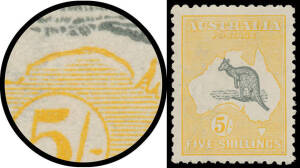 5/- grey & yellow-orange with Tsunami in Great Australian Bight BW #43(D)e [L3], horizontal marginal watermark line at the top, well centred, a couple of slightly short perfs, Cat $2900.