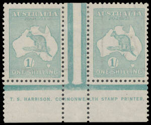 1/- blue-green Plate 2 TS Harrison One-Line Imprint pair BW #32(2)ze, Cat $15,000. Notwithstanding the ACSC comment in respect of Lot 18 this, not the 6d blue, is the rarest of all the non-bicolour imprints: the ACSC states that only one block of 4 - Ex