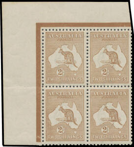 2/- brown BW #37A corner block of 4 from the upper-left of the sheet, a trifle aged still very fresh with excellent facial appearance, unmounted, Cat $10,000+.