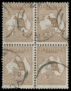 2/- brown block of 4, Sydney cds. Simon Dunkerley Certificate (2008) identifies this as the "aniline" printing BW 37F, Cat $8000+. However, we have reservations about this identification & recommend that it be bought "on extension".