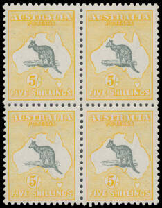 5/- grey-black & yellow-orange BW #44B block of 4, unmounted, Cat $9000+.