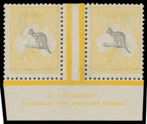 5/- grey & pale yellow John Ash ('N' over 'MP') Imprint pair BW #44ze, the gum a bit aged, unmounted, Cat $3000 as a mounted imprint pair but $4000+ as two unmounted singles. [this is a &lsquo;Harrison&rsquo; imprint rather than &lsquo;Ash&rsquo; imprint]