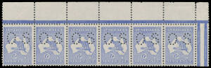 PUNCTURED 'OS': 6d blue Die II strip of 6 from the top of the left-hand pane, three are well centred, the first unit with small corner crease, unmounted, Cat $2250++. Advertised retail $2250++.