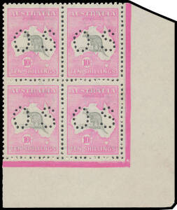10/- grey & pale "aniline" pink BW #48E corner block of 4 from the lower-right of the sheet, light even gum-toning that doesn't affect the very fine fresh facial appearance, Cat $15,000+.