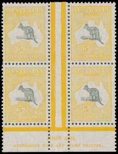 5/- grey & yellow-orange John Ash Imprint block of 4 with Tsunami off NSW Coast BW #45Az, the upper units very lightly mounted, the lower units unmounted, Cat $7000+ (mounted). Ex Lord Leonard Steinberg.