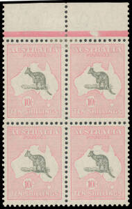 10/- grey & pale pink BW #49A marginal block of 4 from the top of the sheet, the upper units with a hinge remainder, the lower units are unmounted, Cat $8200+.