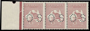 - 2/- maroon horizontal strip of 3, very fresh but on the verge of falling apart, unmounted, Cat $2550+. Advertised retail $1875+.