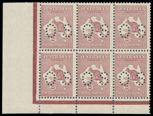 - 2/- maroon lower-left corner block of 6 (3x2), very fresh but on the verge of falling apart, unmounted, Cat $5100+. Advertised retail $3750+. [The adjoining piece to the previous lot]