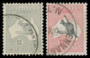 &pound;1 grey with light cds and &pound;2 grey-black & rose-carmine with partial 'TENNANT [CREEK]/N.T' cds, Cat $1170.
 (2)