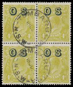 Used blocks of 4 including LMult Wmk 1d red, 2d brown, 3d Die I, 3d Die II x2 (one with Ash Imprint) plus punctured 'OS' x2 or 'G/NSW', 3d overprinted 'OS' block of 6, 4d overprinted 'OS' & 5d x2, etc, a few with varieties, generally fine to very fine. Sc