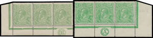 HALFPENNY: Single-volume collection of "Greens" with lots of shades & annotated varieties - some confirmed by us - and some Large Multiple Wmk printings, numerous multiples including some large blocks, many Monogram singles pairs strips of 3 & blocks of 6
