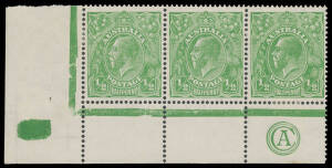 &frac12;d green Electro '4' 'JBC' & 'CA' Monogram strips of 3 BW #63(4)z & zb, well centred, Cat $1400. (2 strips) [second item is KGV &frac12;d green Large Multiple Watermark Electro '4' 'CA' Monogram strip of 3 (ACSC 65(4)zb Cat $400) not &lsquo;JBC&rsquo; monogram; reduced Cat 
