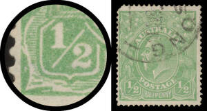&frac12;d green with Cracked Electro at Lower-Left Corner BW #63(3)h, rounded corner at upper-left, Geelong (Vic) cds clear of the variety, Cat $2000.