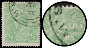 Single-Line Perf &frac12;d pale emerald with Cracked Electro from Left-Hand Wattles through 'USTRA' BW #64m, NSW cds of --MR16 slightly intrudes on the variety, Cat $6000. One of the oustanding flaws in the Halfpenny Series, first reported in the ACCCofNSW "Bull