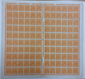 &frac12;d orange Electro 7 complete sheet of 120 with listed varieties BW #66(7)d to s & complete Harrison Two-Line Imprint, some minor creasing & perf separation/rejoining but generally fine & fresh with most units being unmounted, Cat $1650++.
