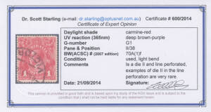 Single-Line Perf 1d carmine-red Die II BW #70(1)f (SG 21a), light bend, Melbourne cds, Cat $5000 (&pound;3000). Scott Starling Certificate (2014) states "...die II in the line perforation is very rare".