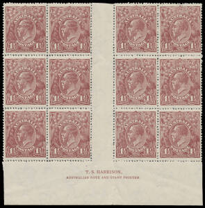 1&frac12;d brown Electro 4 Harrison Imprint block of 12 (4x3) with the Imprint 7mm Below the Stamps and Diagonal Scratch above 'T' of 'POSTAGE' BW #85(4)z, remarkably well centred for an imprint block, unmounted, Cat $525+ (mounted).