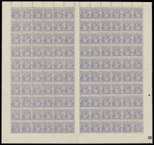 3d pale dull violet-blue Plate 2 complete sheet of 120 with early states of Deformed 'P' of 'POSTAGE', Broken Leg of Emu, Triangular Flaw in White Wattles and 'GE' of 'POSTAGE' Joined BW #104j to m, TS Harrison Imprint, generally well centred, some perf s