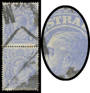 Cooke Plates 4d ultramarine with Temple Flaw BW #112(U)d being the upper unit in a vertical pair, well centred, a couple of minor tonespots on the reverse, untidy Melbourne parcels cancel well clear of the flaw, Cat $1250+. Fine used examples sold at Pres
