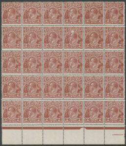 2d red-brown block of 30 from the lower-left of the sheet with Horned Emu and Irregular Left-Hand Frame BW #99(2)d & e, well centred, one normal unit with a surface abrasion, most units - including both varieties - are unmounted, Cat $600++.