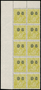 OVERPRINTED 'OS': 4d greenish olive BW #116(OS)B upper-left corner block of 10 (2x5), four units with listed varieties #116(OS)d to g, well centred, eight units unmounted, Cat $560++.