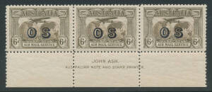 Used blocks of 4 comprising 3d Kookaburra (minor defects), 2d Macarthur with Imprint, 1/- Anzac, 2d Jubilee with Imprint, 1/- SA Centenary & 9d NSW Sesquicentenary, all commercially used & very scarce thus; also 1931 6d Airmail Imprint block of 6 (**), an