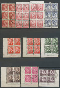 Mostly blocks of 4 with many imprints including 1/- Lyrebird (Ash), 1/4d KGVI x2, 1/6d Hermes (McCracken) & Federation 1/6d etc, a few larger blocks including 2d SA Centenary block of 10, KGVI 3d blue Die III block of 8 & Hermes 1/6d black block of 6, al