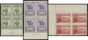 Imprint blocks of 4 including 3d Air punctured 'OS', 6d Air (strip of 3 x2, one with 'OS' Overprint), 6d Large Kookaburra, 1/- Large Lyrebird x2 (one with 'OS' Overprint), No Wmk Hermes, Victoria Centenary Perf 10&frac12; set, Macarthur set including 2d Dark Hil