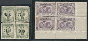 KGV period blocks of 4 mostly 2d & 3d values but including 6d KSmith, 1/- Large Lyrebird overprinted 'OS', Vic Centenary Perf 11½ 1/- & SA Centenary 1/-, also Kookaburra M/S, a few problems but generally fine to very fine & mostly */** or unmounted.
 (15 