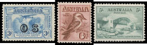 Range with 1913-14 Engraved 1d blocks of 6 x2 & 9 and 6d, Kookaburra M/S (central position, one tonespot), a few listed varieties & common Plate Number blocks of 4, also 'OS' punctures & 'OS' Overprints including KGV set of 7, Kingsford Smith duo (no cert