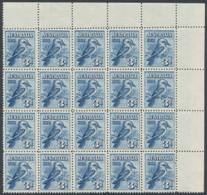 Large blocks comprising 3d Kookaburra corner block of 20 (5x4), 3d Sturt block of 40 (4x10) from the right of the sheet & NSW Sesqui 3d block of 14, unmounted, Cat $740+. Rarely available in such large pieces.
 (3 blocks)