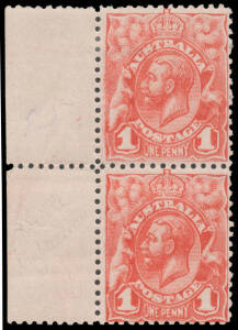 1913-14 Engraved 1d bright red marginal vertical pair from the left of the sheet both with Doubling of the Design caused by a Kiss Print BW #59ca (SG 17 var), characteristic minor gum bends, Cat $2000+.