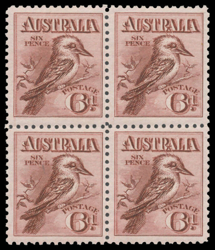 1913-14 Engraved 6d Kookaburra block of 4, the second unit very lightly mounted othewise unmounted. Advertised retail $760+. [the hinge mark extends across both top units]