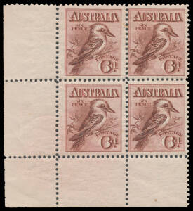 1913-14 Engraved 6d Kookaburra lower-left corner block of 4, the left-hand units are "jumbo" examples, unmounted. Advertised retail $900+.