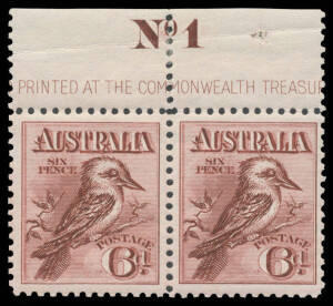 1913-14 Engraved 6d marginal pair from the top of the sheet with Imprint/Plate 'No 1', well centred, mounted only in the margin.
