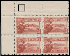 1927 Canberra 1½d lake with complete Plate Number '4' BW #132zc, well centred, a few irregular perfs otherwise superb, unmounted, Cat $3750 (mounted). [Of Plate Number '4' the ACSC states that only five blocks are recorded, making this and Number '1' - th