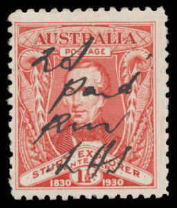 1930 Sturt 1½d red with manuscript "2d/Paid/PM/LHI" BW #139c, unmounted, Cat $850 mounted but unpriced unmounted.