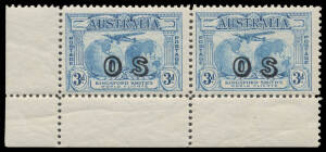 1931 Kingsford Smith 2d & 3d overprinted 'OS' lower-left horizontal corner pairs, unmounted, Cat $2050. Advertised retail $1750. No certificate for the "Blue" so an extension is recommended. (2 pairs)