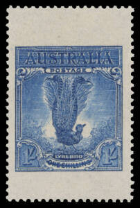 1932 Large Lyrebird Chambon "essay" with 'AUSTRALIA' & 'ONE SHILLING' scored-through 1/- blue BW #145PP(1)B, marginal example from the top of the sheet, unmounted, Cat $5,000. Superb!