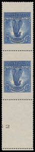 1932 Large Lyrebird Chambon "essay" with 'AUSTRALIA' & 'ONE SHILLING' scored-through 1/- blue BW #145PP(1)B, marginal vertical pair from the base of the sheet, unmounted, Cat $10,000+. Superb!