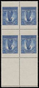 1932 Large Lyrebird Chambon "essay" with 'AUSTRALIA' & 'ONE SHILLING' scored-through 1/- blue BW #145PP(1)B, marginal block of 4 from the base of the sheet, unmounted, Cat $20,000+. Superb!