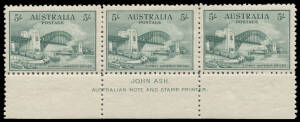 1932 Sydney Harbour Bridge 5/- green John Ash Imprint strip of 3, Cat $3000.