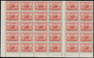 1934 Macarthur Centenary 2d Dark Hills lower-left corner block of 30 (6x5) with Ash Imprint, well centred, four upper units lightly mounted otherwise unmounted, Cat $1100+. Large multiples are rarely seen.