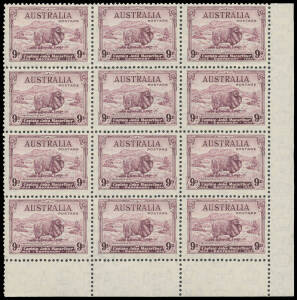 1934 Macarthur Centenary 9d violet lower-right corner block of 12 (3x4), minor "dents" on a few units, unmounted, Cat $1080+