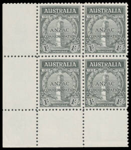 1935 ANZAC 1/- black corner blocks of 4 from U/L (with Plate Number '2', a few pulled perfs at the base), U/R & L/L, unmounted, Cat $1350+.
 (3 blocks)