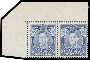 1937-49 Definitives Perf 13½x14 KGVI 3d blue Die I White Wattles upper-left corner pair, unmounted, Cat $800+.