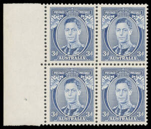 1937-49 Definitives Perf 13½x14 Perf 13½x12½ 3d blue Die I White Wattles BW #190 marginal block of 4 from the left of the sheet, the first unit with a minor bend, unmounted, Cat $1600+. Advertised retail $1100+.