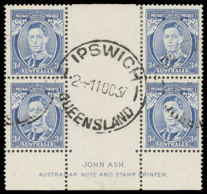 1937-49 Definitives Perf 13½x14 3d blue Die I White Wattles imprint block of 4 BW #190za, 'IPSWICH/11OC37/QUEENSLAND' cds, Cat $800 mint but much scarcer used. Ex John Blomfield: sold at our auction of 5.3.2015 for $1287.