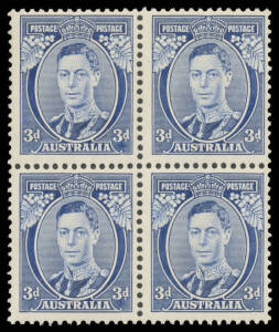 1937-49 Definitives Perf 13½x14 KGVI 3d blue Die Ia block of 4, unmounted, Cat $1500+.